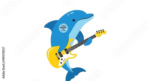 A blue dolphin plays an electric guitar, celebrating world music day on june 21