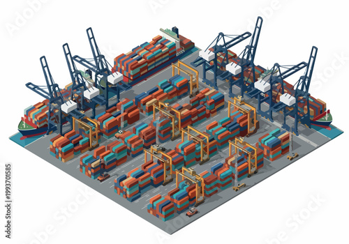 Isometric vector illustration of a busy shipping port with cranes and cargo containers ready for global trade