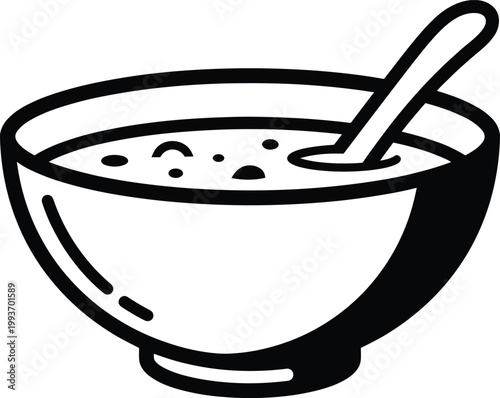 Minimalist black and white vector illustration of a simple cereal bowl featuring a spoon inside a round serving dish design