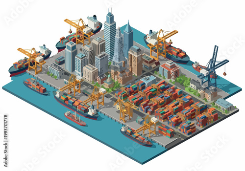Isometric Vector Illustration of a Bustling Shipping Port with Cranes, Cargo Ships, and Containers