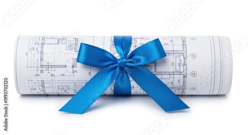 Blueprint roll with blue ribbon.