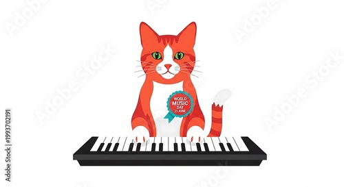 Orange tabby cat pianist playing electronic keyboard for world music day celebration vector illustration graphic