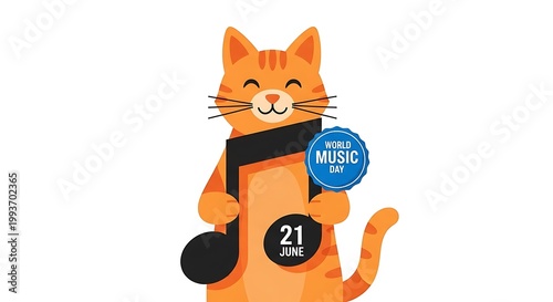 Orange tabby cat holding large black musical note with blue world music day badge celebration on white background