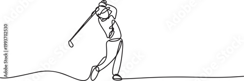 One single line drawing of young sporty golf player hit the ball. one line Icon drawing