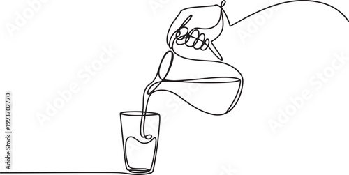 Continuous single line sketch drawing of hand pouring a jug tea pot jar of fresh milk juice into glass. one line Icon drawing