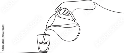 Continuous single line sketch drawing of hand pouring a jug tea pot jar of fresh milk juice into glass. one line Icon drawing