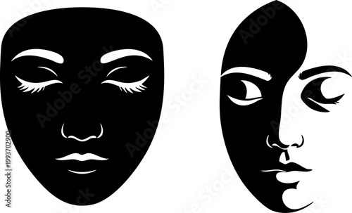 Dramatic theater masks in black and white, theatrical comedy and tragedy face silhouettes, yin yang style duality concept vector illustration