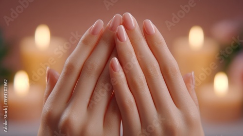 Elegant hands with manicured nails are gently clasped together in a serene setting, surrounded by glowing candles, creating a calming and peaceful atmosphere for relaxation