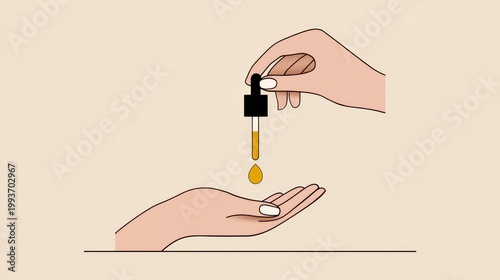 Hands demonstrating skincare application with dropper, showcasing oil being dispensed onto palm, emphasizing beauty routine and self-care practices in a minimalist setting