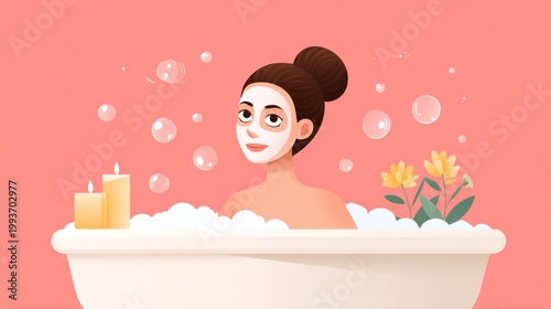 Woman enjoying a relaxing bath with bubbles, candles, and flowers, showcasing self-care and wellness in a cozy, serene atmosphere with a soft pink background
