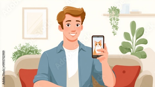 Young man with light brown hair is smiling while holding a smartphone displaying a cat, sitting comfortably on a couch in a cozy living room with plants and decor