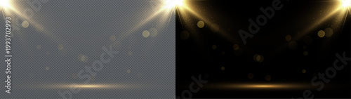Golden lens flare star light isolated on transparent and black background. Bright glowing rays with sparkle effect. Perfect for light overlays, effects, and design.	