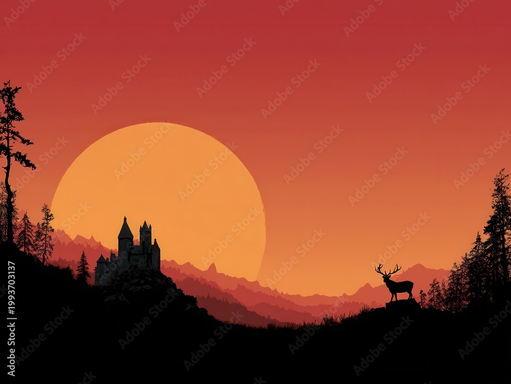 Fototapeta premium Serene Scottish Highlands, Distant silhouetted castle, lone stag silhouette, and a large red sun disk