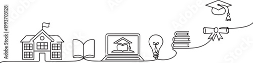 set school education, online education, postgraduate studies one line art. Continuous line drawing of online knowledge. one line Icon drawing