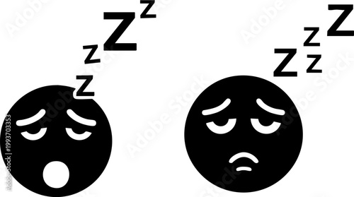 Sleeping emoji icons with snoring zzz symbols, tired face and yawning emoticon vector set, black silhouette sleepy characters for health and rest