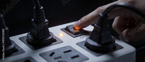 Finger turning off a power strip switch to save energy