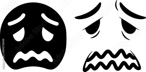 Worried face emoji vector icons, anxious and scared expression symbols, black and white sad face illustrations for mental health awareness