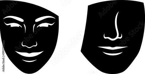 Dramatic theater masks in black and white vector style, theatrical comedy and tragedy face silhouettes, performing arts and acting icons