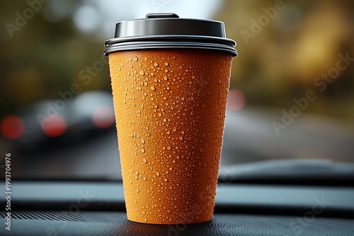 Coffee mug on dashboard with blurred background high resolution picture