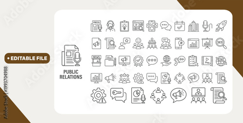 Public Relations web icons in line style. Social media, interview, reputation, press, feedback, planning, news, collection. Editable stroke. Vector illustration.