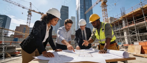 Team of architects and engineers reviewing blueprints at city site