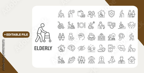 Elderly web icons in line style editable stroke. Care, pension, senior, grandparents, wheelchair, doctor, alzheimer, caregiver, retirement, collection. Editable stroke. Vector illustration.