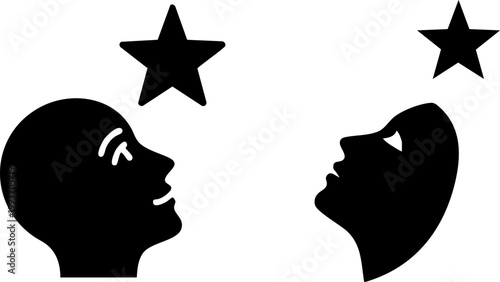Minimalist human profile silhouettes looking at stars, conceptual mental health and inspiration vector, black and white psychological head icons