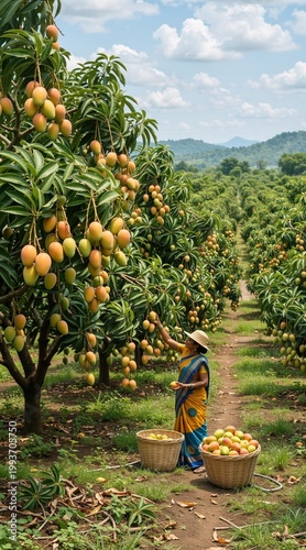 Woman farmer harvesting ripe mango from tree in sunny orchard. Indian worker picking fruit into wicker basket during harvest season. Organic agriculture and sustainable food production.
