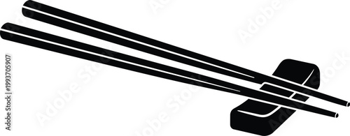 Simple black vector illustration of two chopsticks resting on a dark chopstick rest