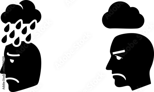 Depression and mental health icons, sad human profile with rain cloud, psychological distress and grief vector set for therapy and wellness