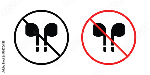 No earbuds allowed sign. Line and glyph solid vector collection.