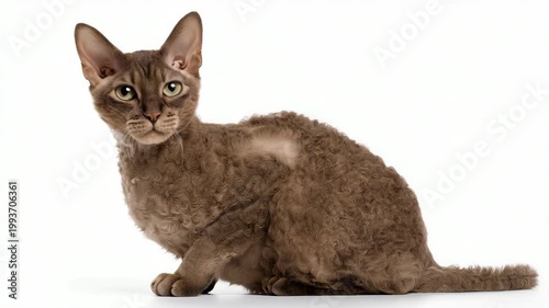 Static shot of brown curly rex cat turning head while sitting and posing on white studio background tabletop indoor closeup portrait