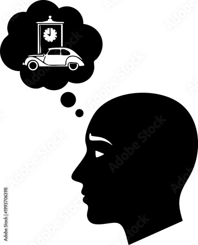 Minimalist silhouette of man thinking about vintage car and clock, black and white conceptual vector illustration of memory and nostalgia