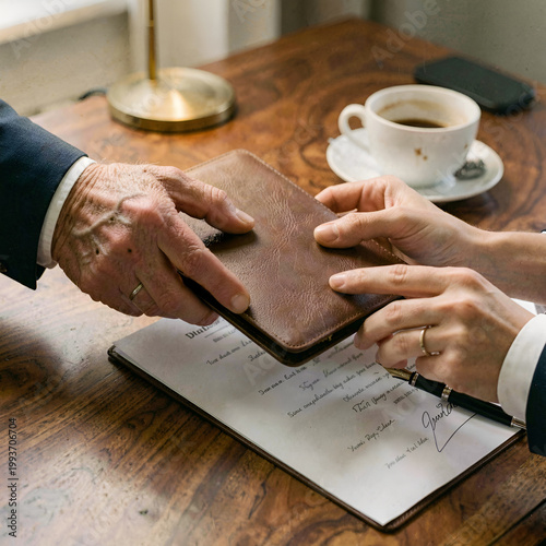 A close-up of two hands exchanging documents in a business succession. Corporate transition document signing hands.