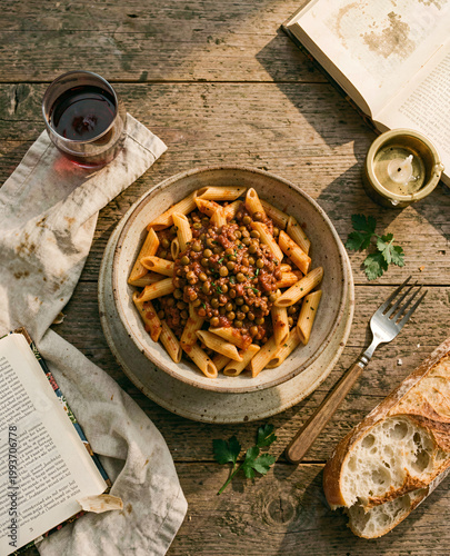 A bowl of pasta with meat and lentils on a wooden table surrounded by open books and a glass of wine. Meatless weeknight dinner flatlay.