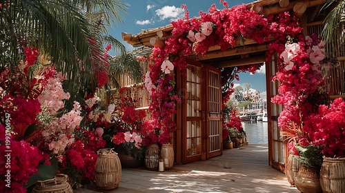 Colorful floral entryway for special tropical event high resolution picture