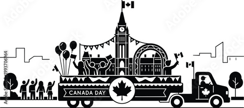 A festive Canada Day parade float with people celebrating in a city