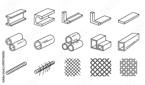 Structural steel outline icon set vector metal beams pipes industrial design