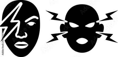 Severe headache and migraine pain icons, human head silhouettes with lightning bolts, chronic stress and mental health vector illustrations