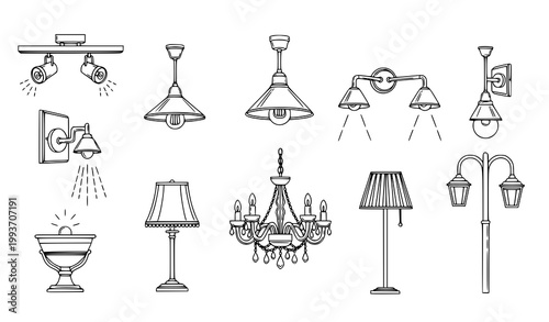 Lighting icons vector set lamps chandelier street interior lights design
