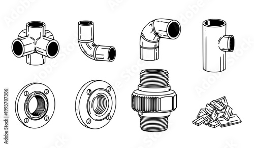 Steel pipe fittings icon set vector metal tubes flange coupling industrial