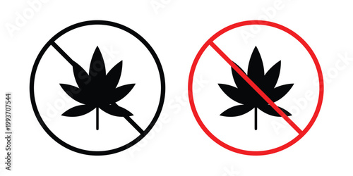 No Marijuana sign. Line and glyph solid vector collection.