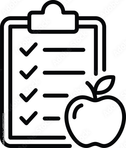 A minimalist vector graphic illustration featuring a nutrition facts checklist clipboard icon combined with a fresh healthy red apple symbol