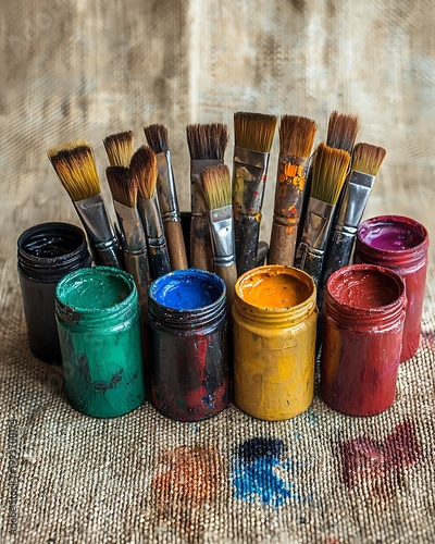 colorful paint jars with vintage brushes high resolution picture