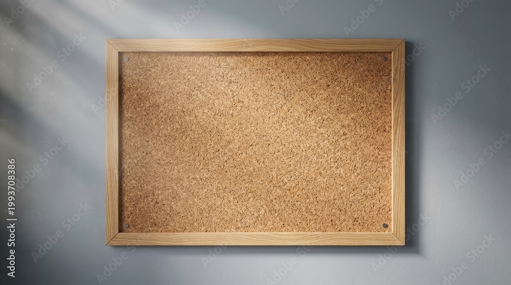 Fototapeta premium Detailed view of an empty rectangular cork board on a soft grey wall with professional lighting and sharp focus. The image focuses