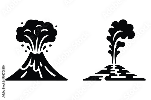 Volcano eruption and geyser icons black and white vector illustration set