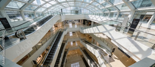 Modern Shopping Mall Interior with Escalators and Glass Roof