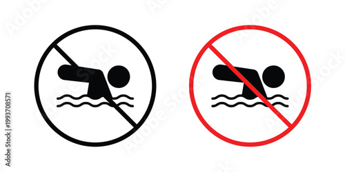 No swimming sign. Line and glyph solid vector collection.