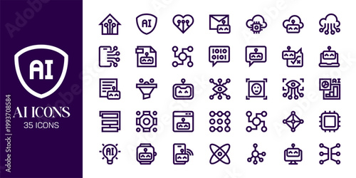Artificial Intelligence Icon Set with AI Brain, Machine Learning, Robot, Data Network and Futuristic Technology Vector Collection