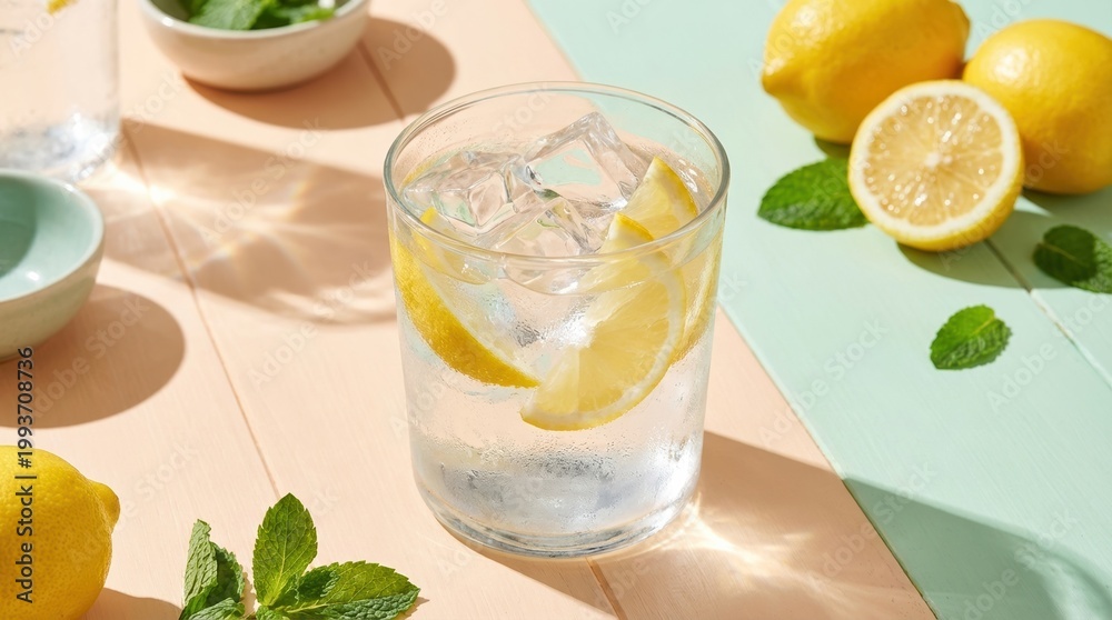 Fototapeta premium Refreshing glass of lemon water with fresh citrus slices and ice cubes on a soft pastel-colored table in bright sunlight. The